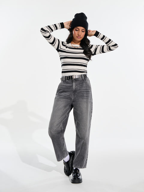 Sinsay Women's Black & White Ribbed Striped Slim Fit Long Sleeve Blouse|Sinsay In Lebanon