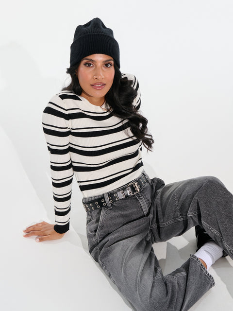 Sinsay Women's Black & White Ribbed Striped Slim Fit Long Sleeve Blouse|Sinsay In Lebanon