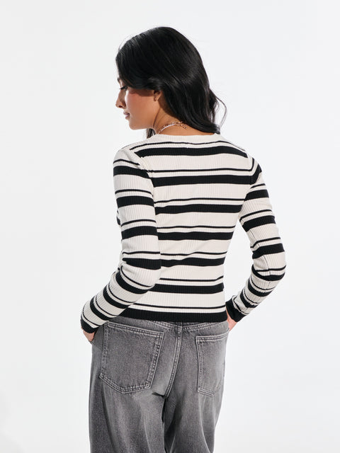 Sinsay Women's Black & White Ribbed Striped Slim Fit Long Sleeve Blouse|Sinsay In Lebanon