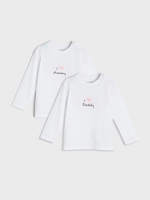 Two white long-sleeve shirts with 'I love Mommy' and 'I love Daddy' text on a light gray background.