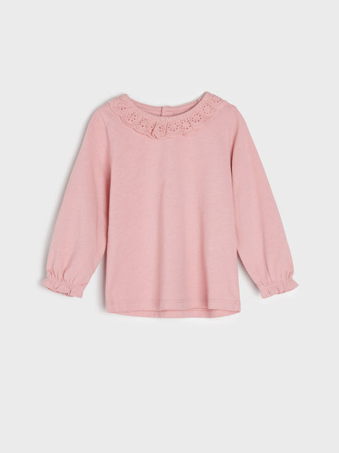 Pink blouse with lace collar on a light gray background