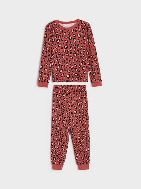 Red leopard print pajama set on a white background
