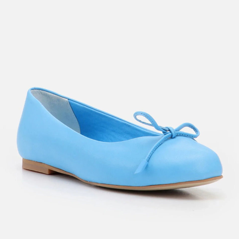 A light blue leather ballet flat shoe with a small matching bow on the toe, shown from a side profile on a clean white background.