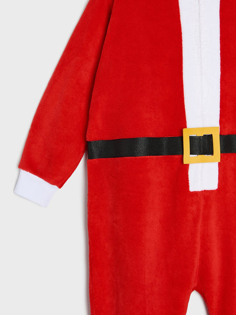 Red Santa Claus onesie with a gold buckle on a white background