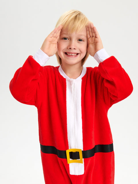 Child wearing a red Santa Claus costume on a white background