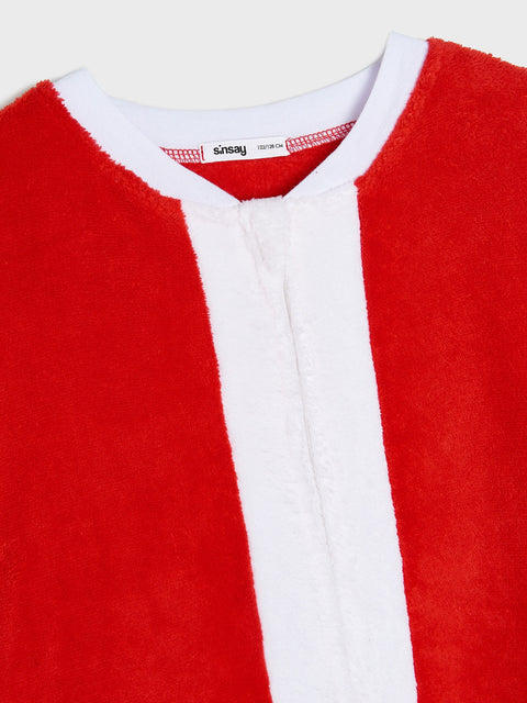 Red and white fleece jacket with a visible brand logo on a light gray background