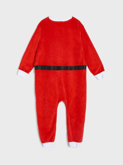 Red onesie with a black belt on a white background