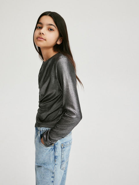 Reserved Girl's Dark Gray Metallic Long Sleeve Ruched Blouse |Reserved In Lebanon