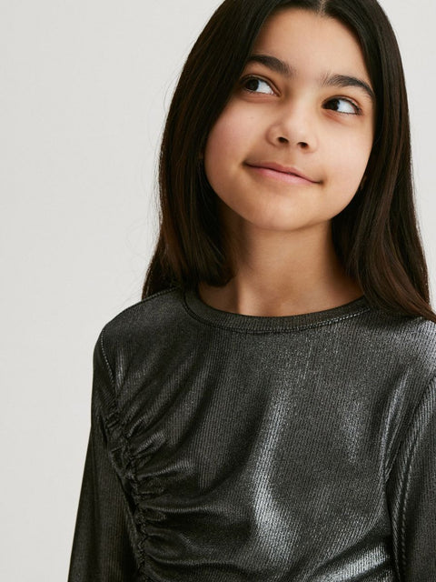 Reserved Girl's Dark Gray Metallic Long Sleeve Ruched Blouse |Reserved In Lebanon