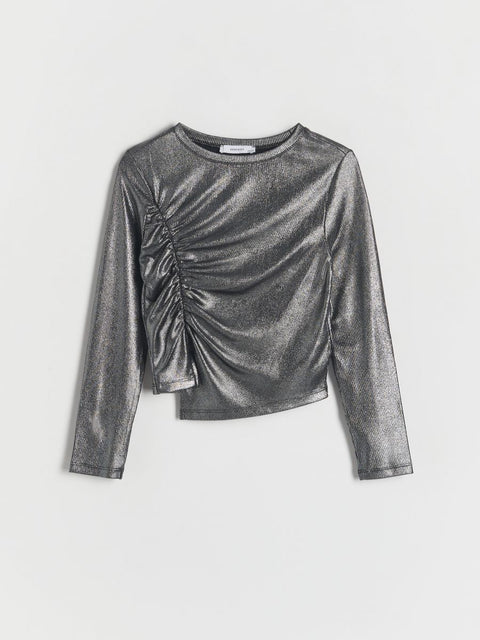 Reserved Girl's Dark Gray Metallic Long Sleeve Ruched Blouse |Reserved In Lebanon
