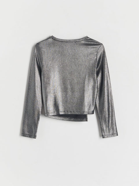 Reserved Girl's Dark Gray Metallic Long Sleeve Ruched Blouse |Reserved In Lebanon