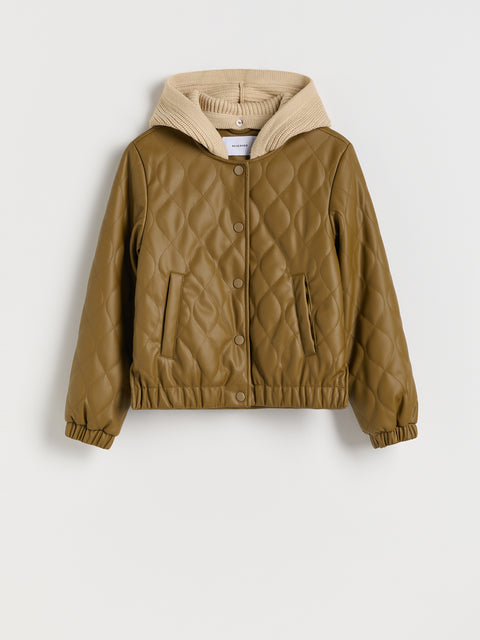Quilted brown jacket with a beige hood on a light gray background