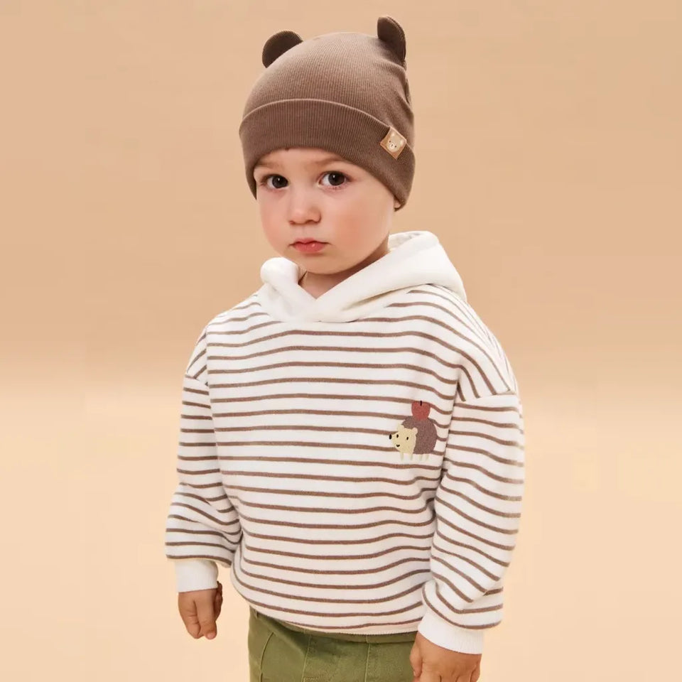Sinsay Baby Boy's Off White & Brown Striped Hoodie With Embroidered hedgehog Design
