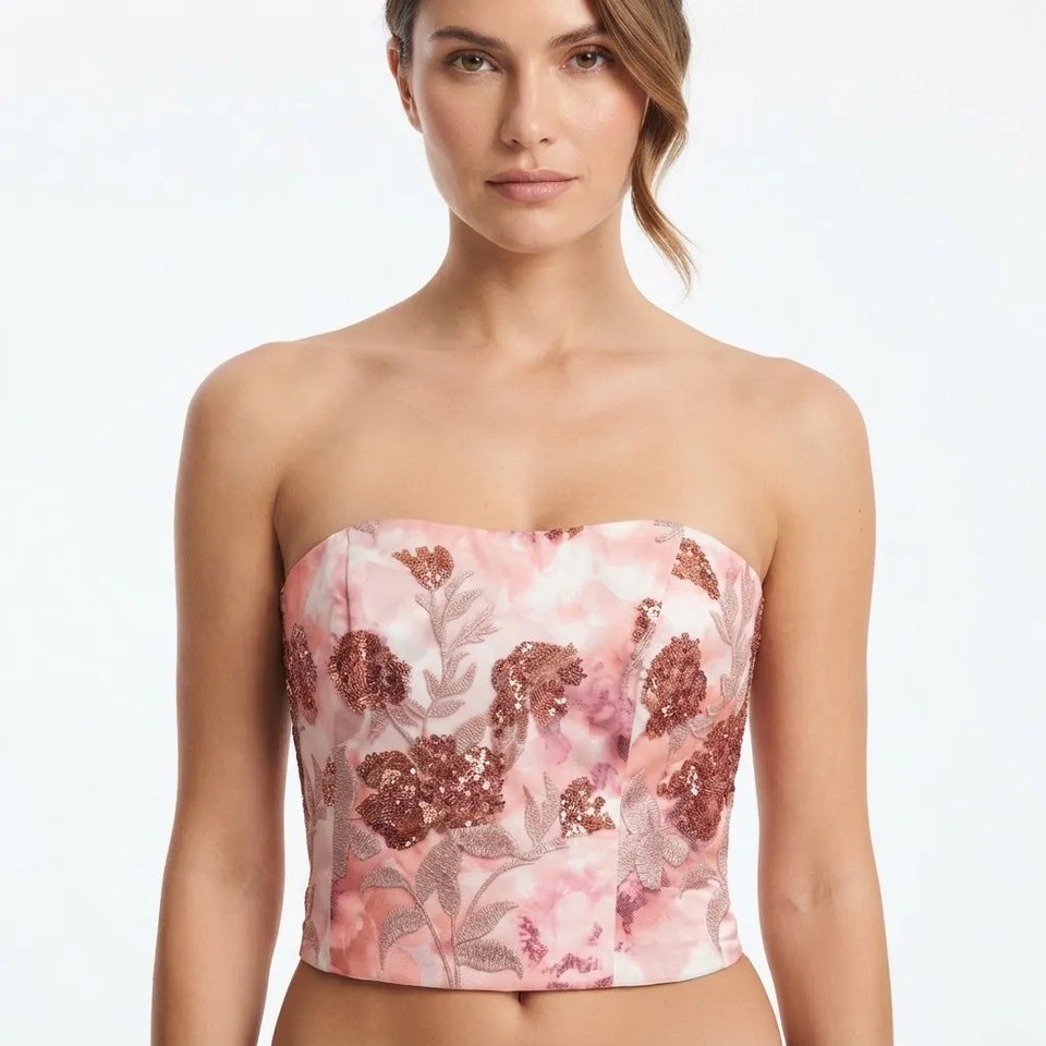 Muse Women's Pink Floral Embroidered Sequin Strapless Crop Top
