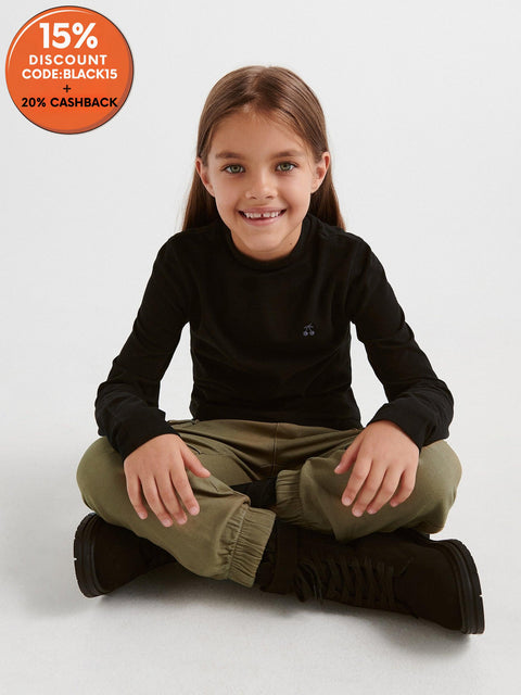 Reserved Girl's Black Embroidered Cotton High Neck Long Sleeve Blouse | Reserved In Lebanon