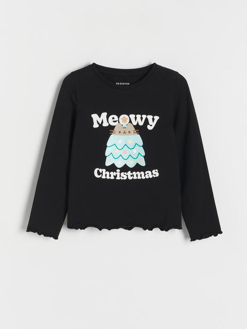 Black long-sleeve shirt with 'Meowy Christmas' text and cat graphic on a white background