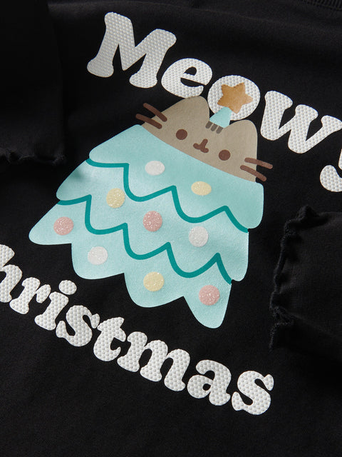 Black shirt with a cat on a Christmas tree design and 'Meowy Christmas' text.
