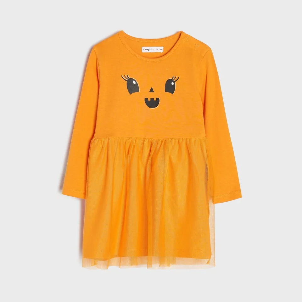 Sinsay Baby Girl's Orange Printed Tulle Long Sleeve Dress