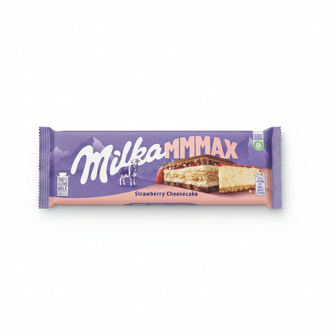 Milka Mmmax strawberry cheesecake chocolate bar packaging on a white background