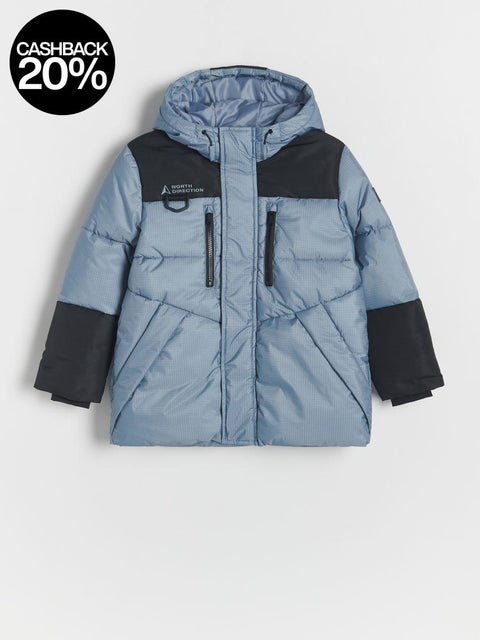 Blue and black winter jacket on a white background