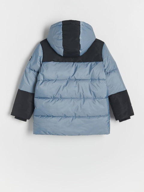 Blue and black puffer jacket on a white background