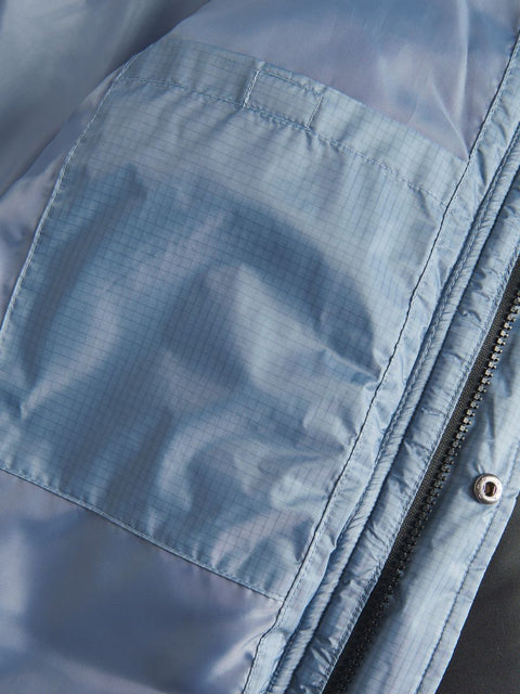 Close-up of a blue jacket pocket with zipper and button detail