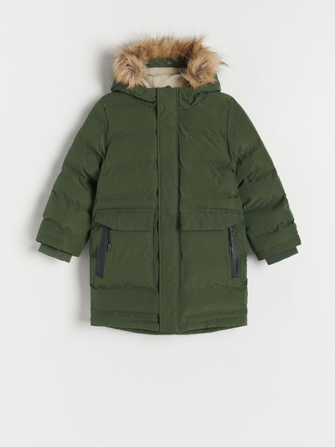 Green winter coat with fur-lined hood on a white background