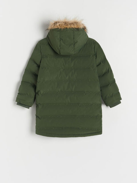 Green puffer jacket with fur hood on a white background