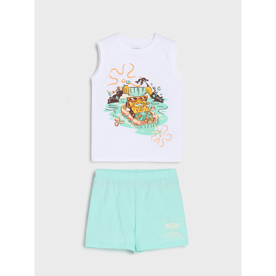 A two-piece kids' lounge set by Aisha, featuring a white sleeveless tank top with a colorful cartoon frog graphic and mint green shorts with a small gold logo.
