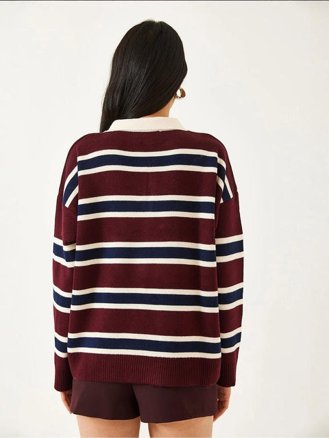Big Dart Women's Burgundy Striped Polo Neck Knit Sweater | Big Dart In Lebanon