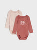 Two baby bodysuits, one pink and one with a graphic design, on a light gray background.