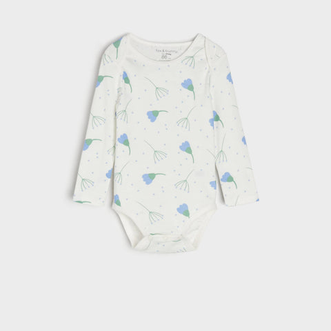 Baby onesie with blue floral pattern on a white background