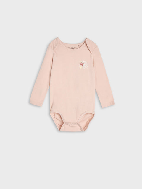 Pink baby bodysuit on a light gray background