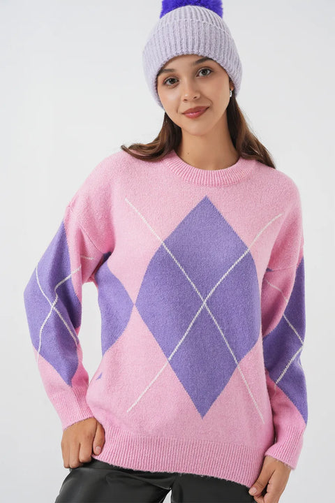 Big Dart Women's Pink & Lilac Oversized Diamond Patterned Knitwear Sweater | Big Dart In Lebanon