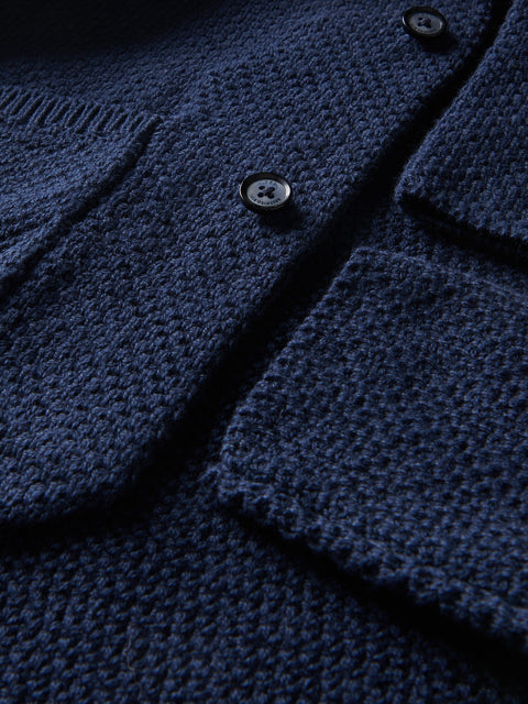 Close-up of a blue knitted cardigan with buttons