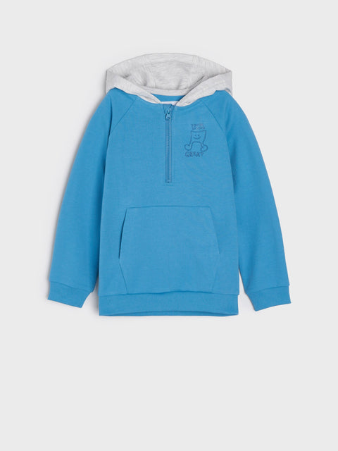 Blue hoodie with a gray hood on a light gray background