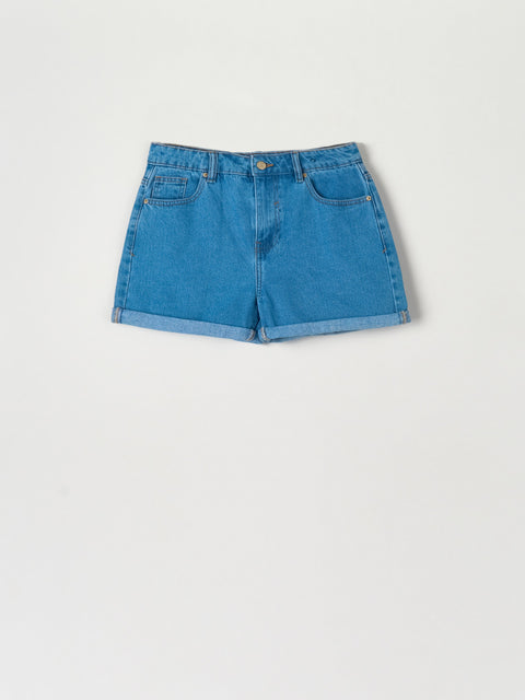 Blue denim shorts on a light gray background