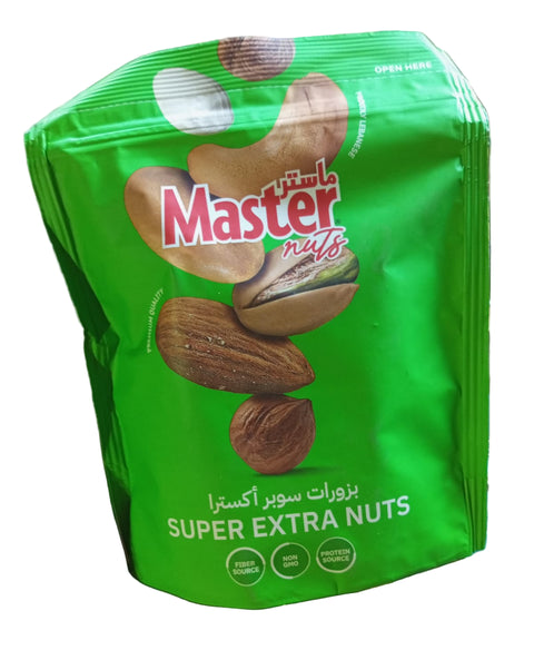 Green package of Master Super Extra Nuts with images of nuts on a green background.