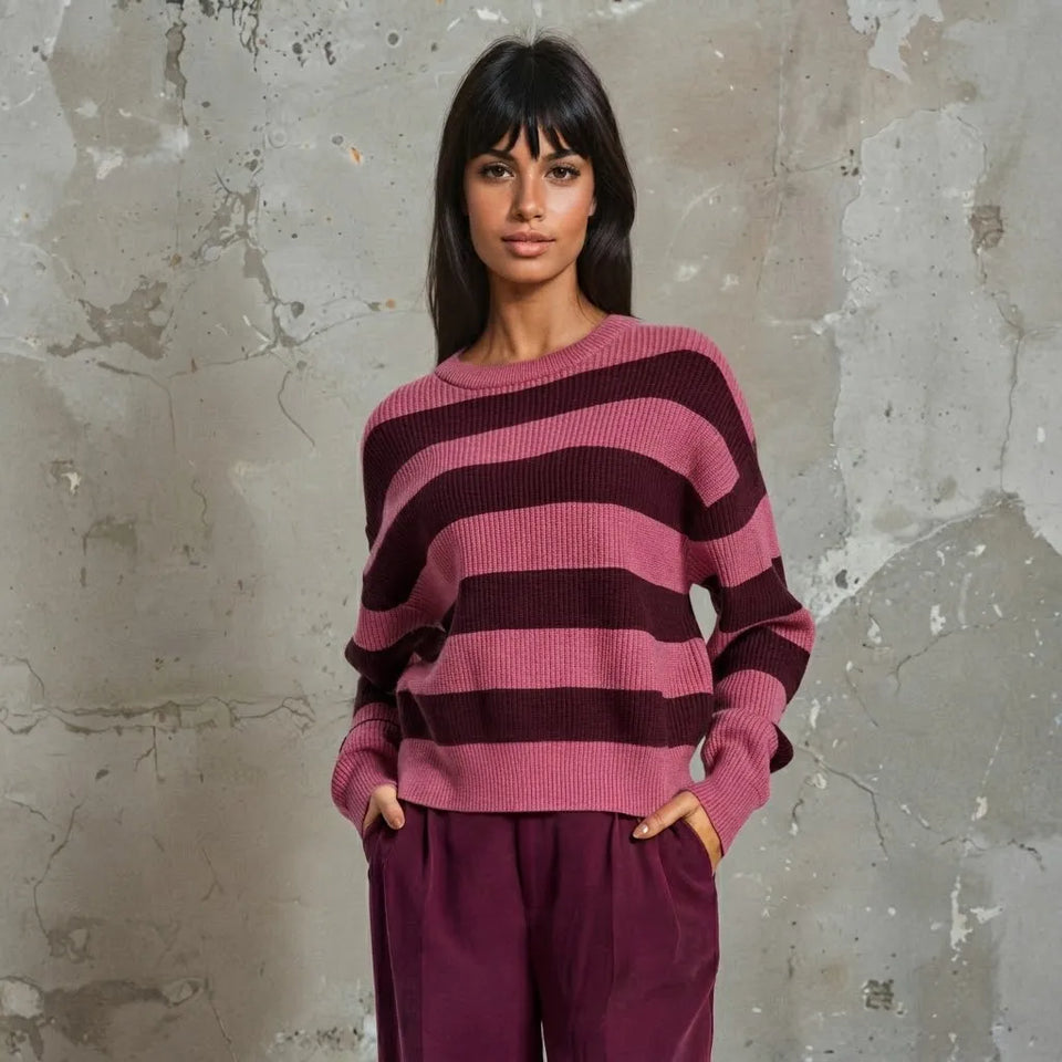 Sinsay Women's Burgundy andDark Pink Horizontal Striped Knit Cozy Sweater