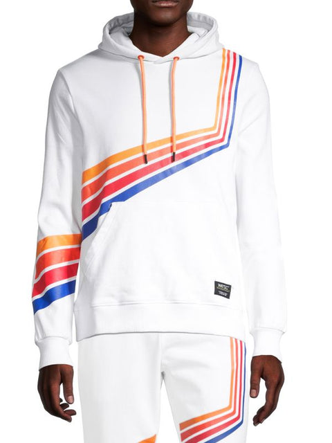 White hoodie with colorful stripes on a white background