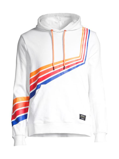 White hoodie with colorful geometric design on a white background