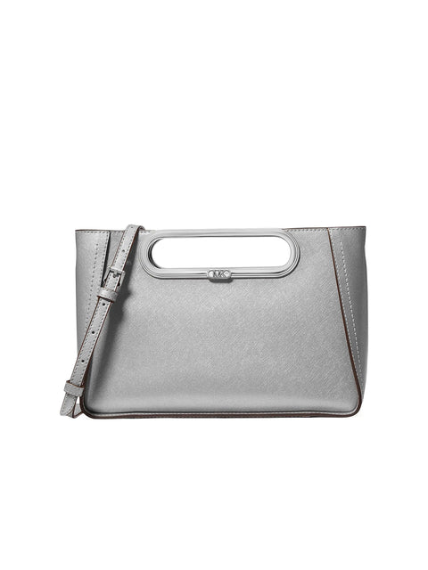 Silver handbag with a strap on a white background