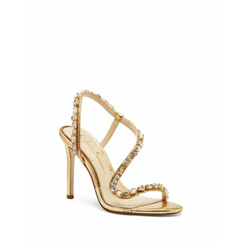 Gold high-heeled sandal with crystal embellishments on a white background