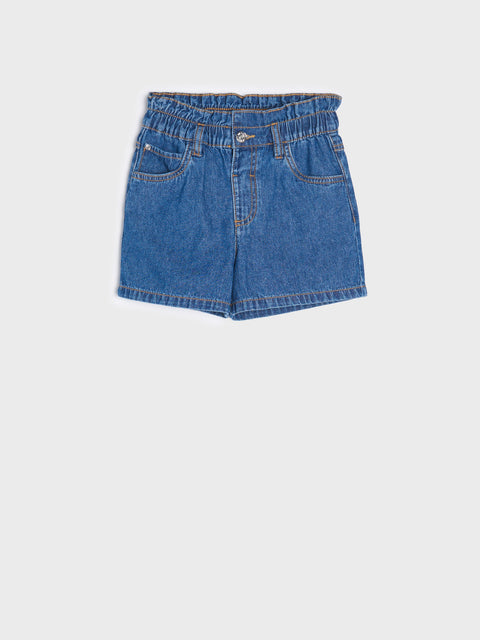 Blue denim shorts on a light gray background