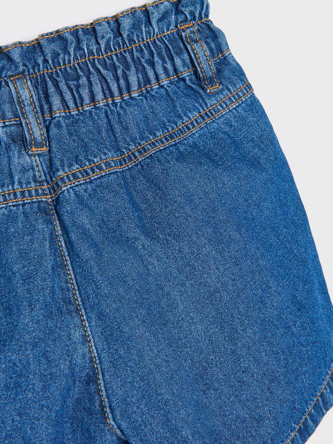 Close-up of blue denim shorts on a white background