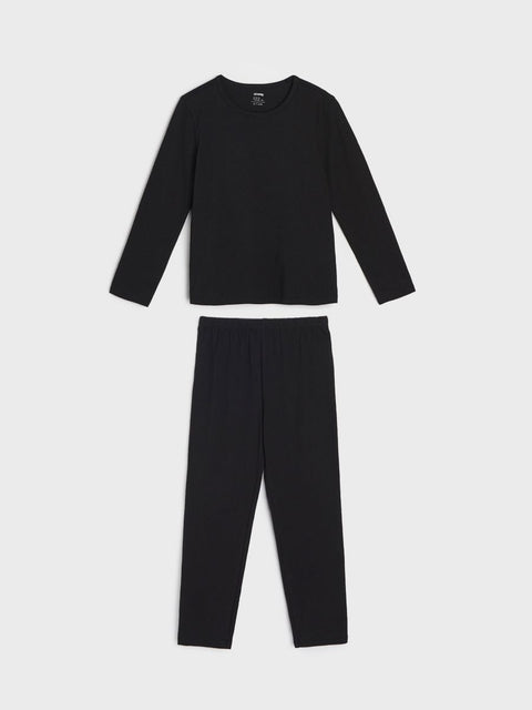 Black long-sleeve top and pants set on a white background