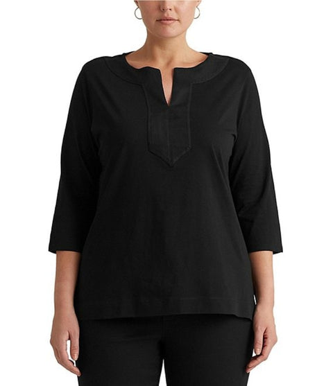 Lauren Ralph Lauren Women's Black Split Round Neck 3/4 Sleeve Woven Trim Knit Top |Lauren Ralph Lauren In Lebanon