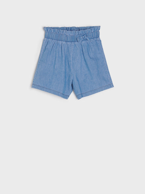 Blue denim shorts on a white background
