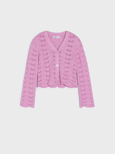 Pink cardigan with subtle pattern on a light pink background