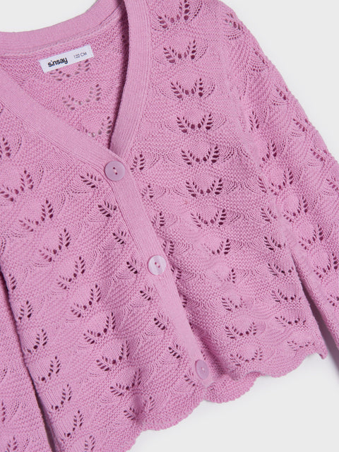 Pink knitted cardigan with button details on a white background